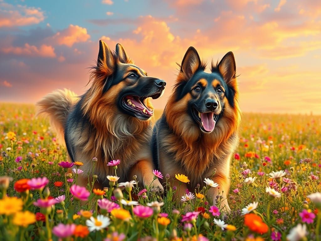 German Shepherd Dogs in a Whimsical Floral Wonderland