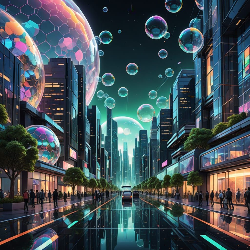 Futuristic Cityscape with Green Sanctuary in Neo-Cubist Styl...