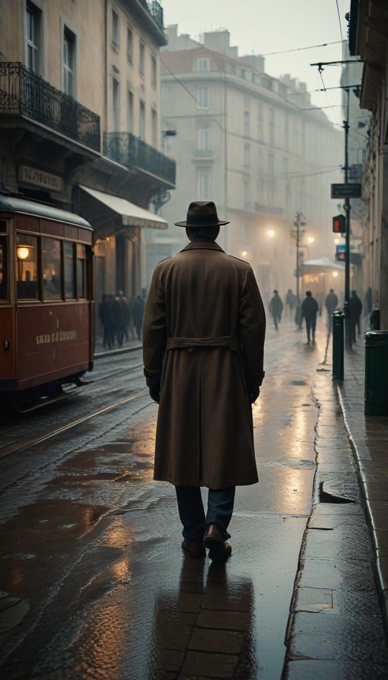 Vintage Lisbon Street Scene in Moody, Atmospheric Lighting