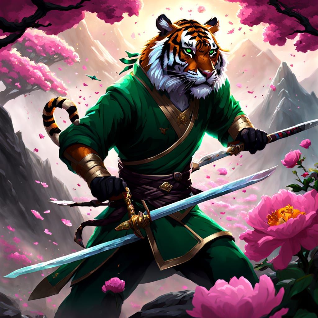 Surreal Tiger Duelist Stands Tall in Emerald Green and Charc...