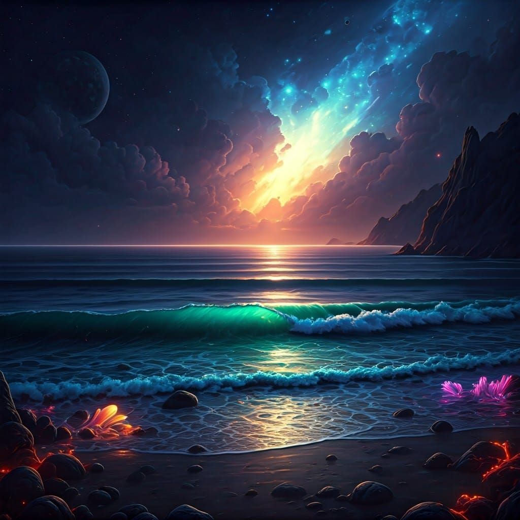 Bioluminescent Ocean Waves Under Galaxy Sky