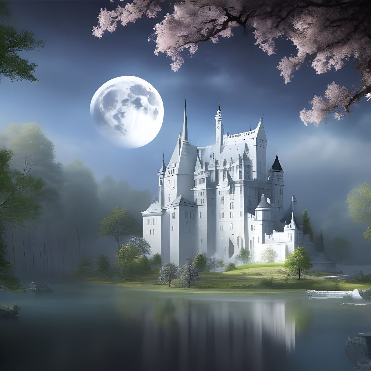 Epic Castle Landscape with Dark Moon, Anime Art