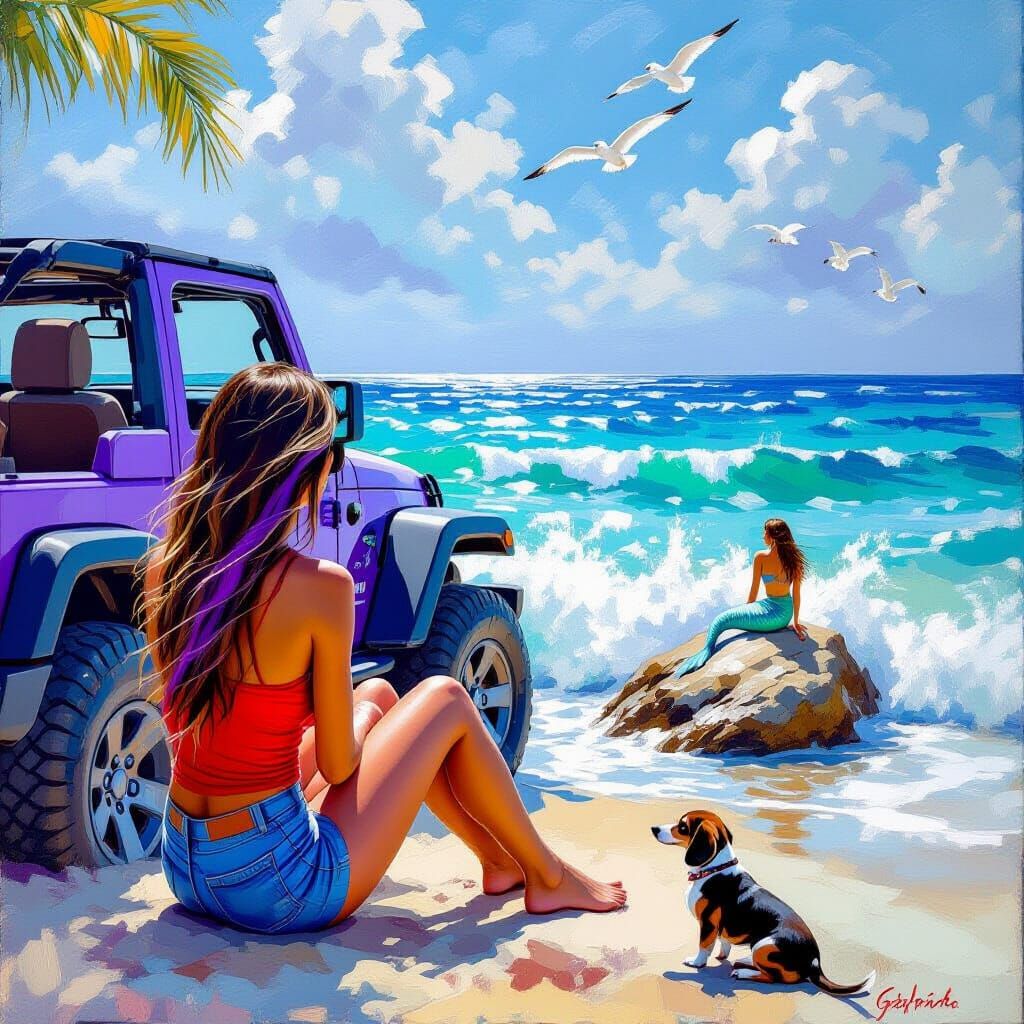 Tropical Beach Scene with Jeep in Impressionist Style