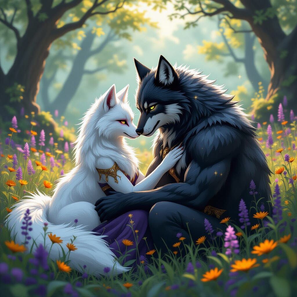 Kitsune and Werewolf Embrace in Mystical Grove