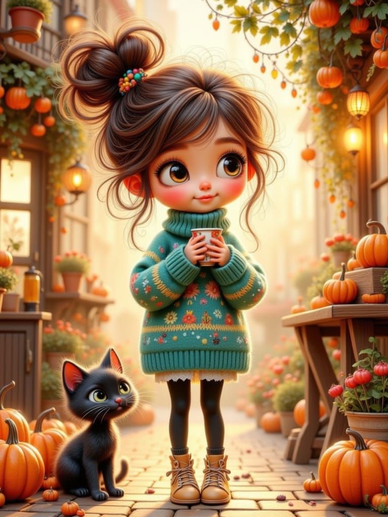 Whimsical Girl and Cat in Cozy Cafe