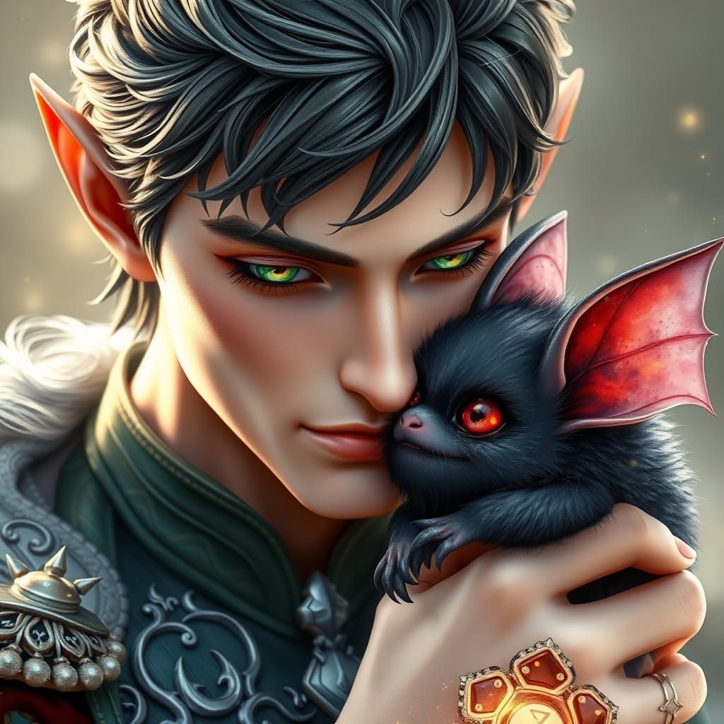 Handsome Elven Prince Kissing Adorable Fantasy Bat in Anime-...