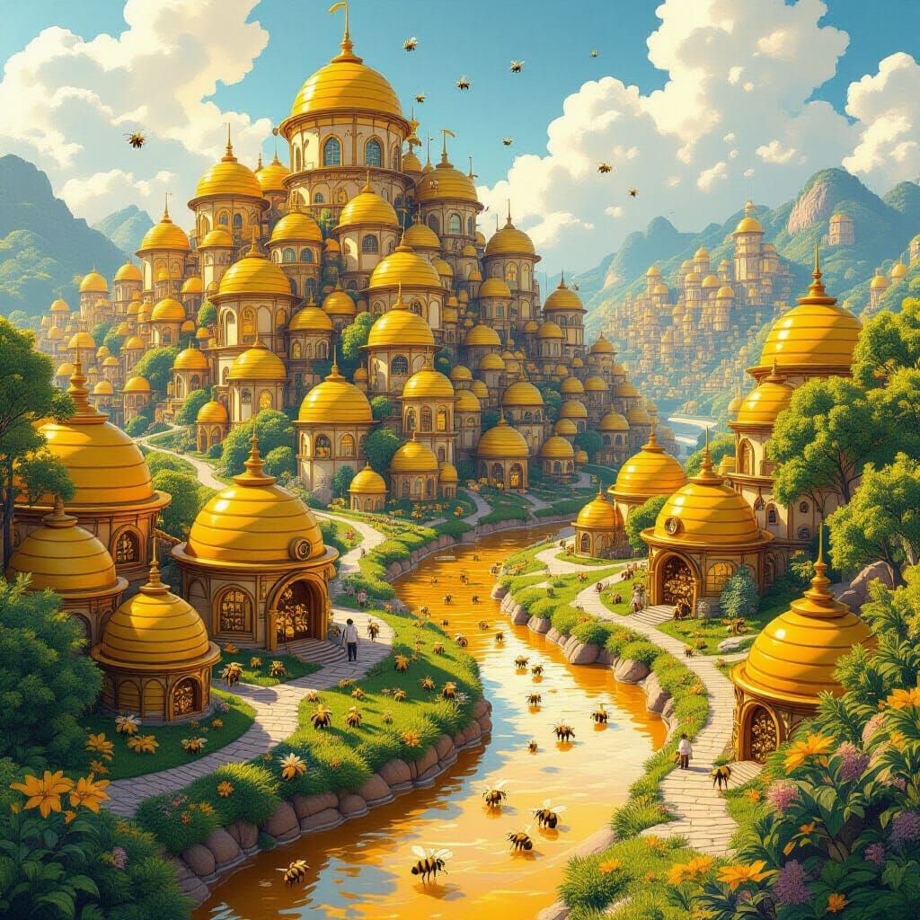 Buzzing Bee Metropolis in Miyazaki Style