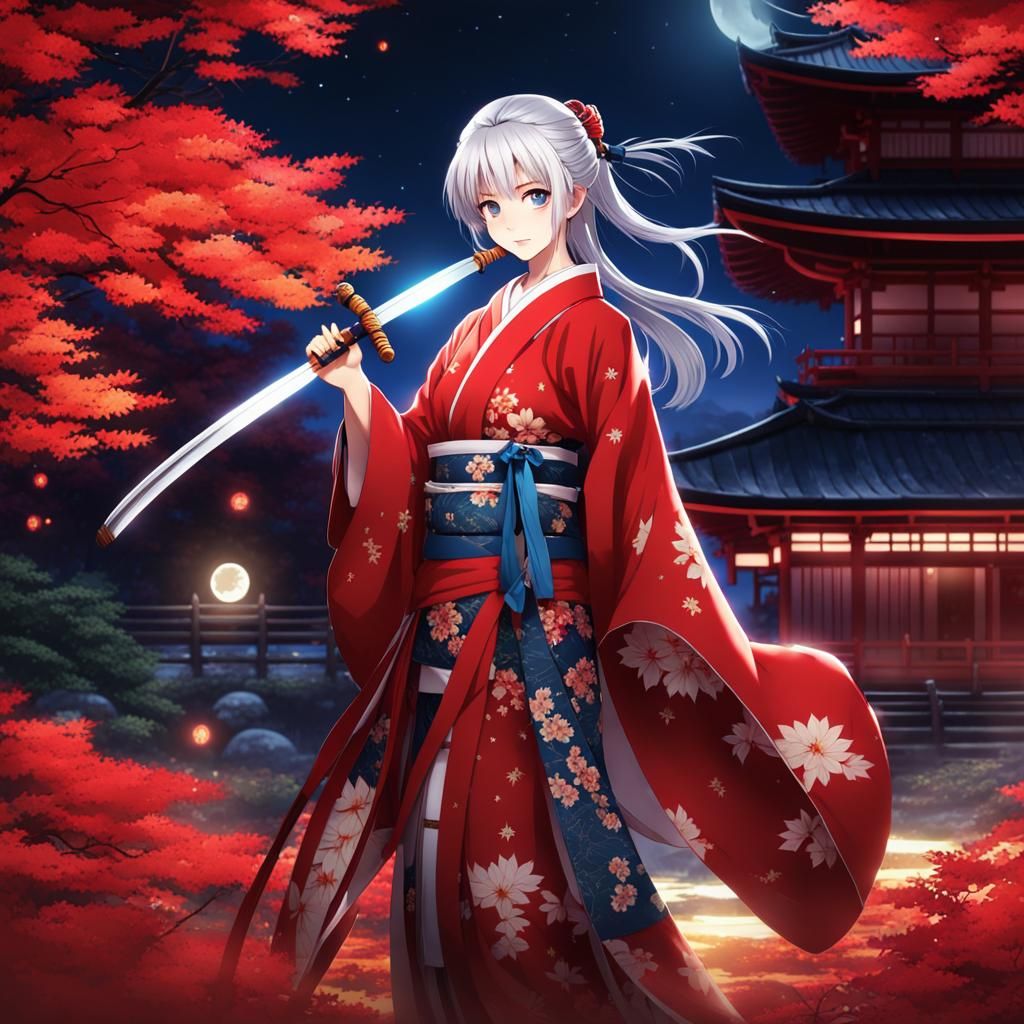 Very Beautiful Silver-haired Maiden Holding a Sword