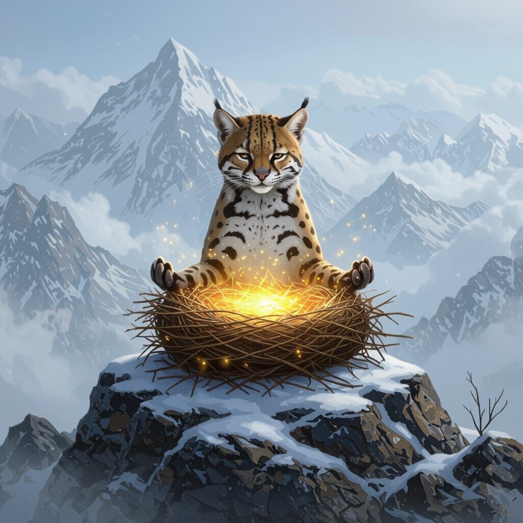 Ocelot Meditating on Misty Mountain Peak