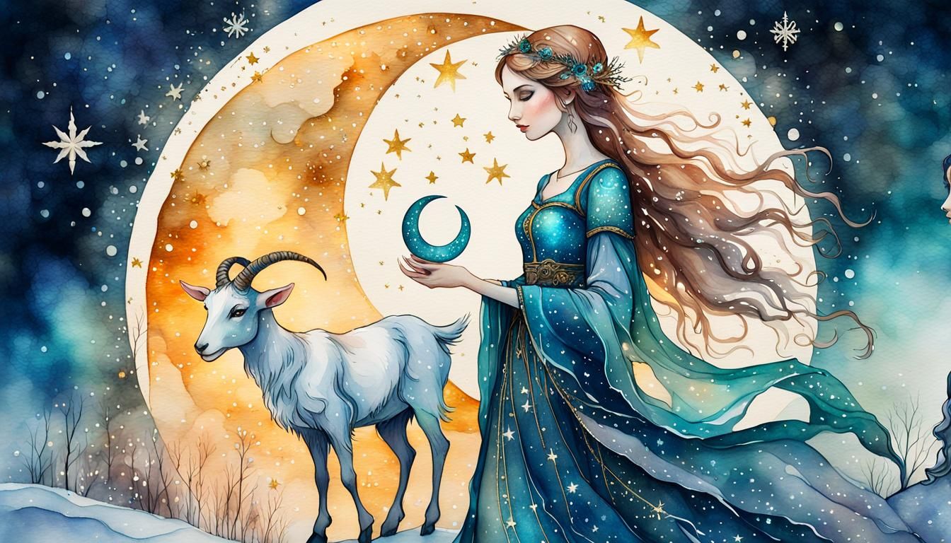 Young Maiden Under New Moon in Whimsical Russian Fairy Tale