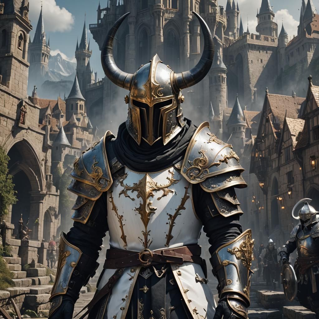 Knight in White with Horned Helmet: Detailed Matte Painting