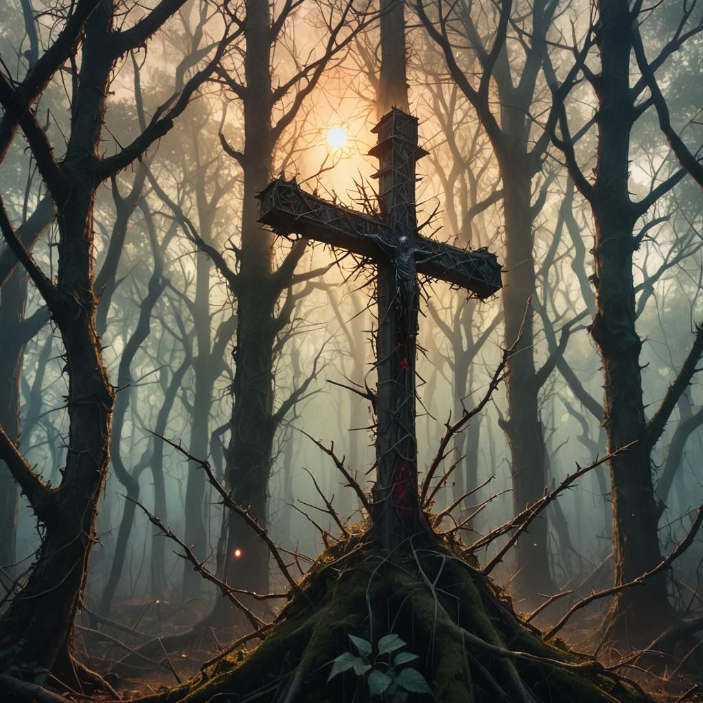 Mystical Cross in Abandoned Forest, Ethereal Fantasy Art