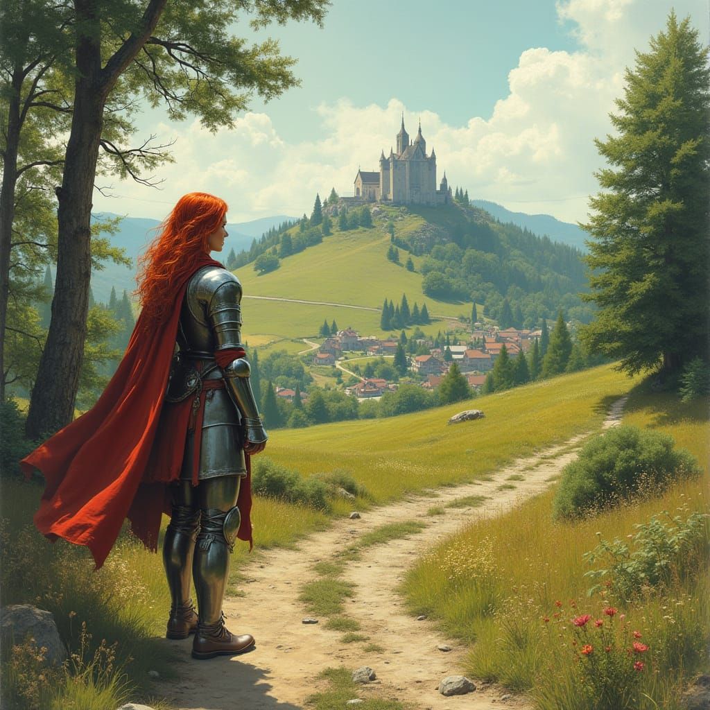 Vibrant Fantasy Warrior Stands Guard in Ancient Landscape