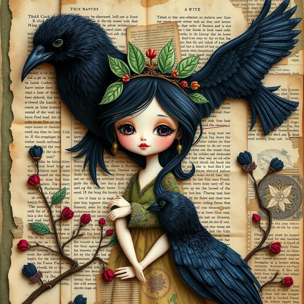 Whimsical Princess with Raven in Storybook Collage