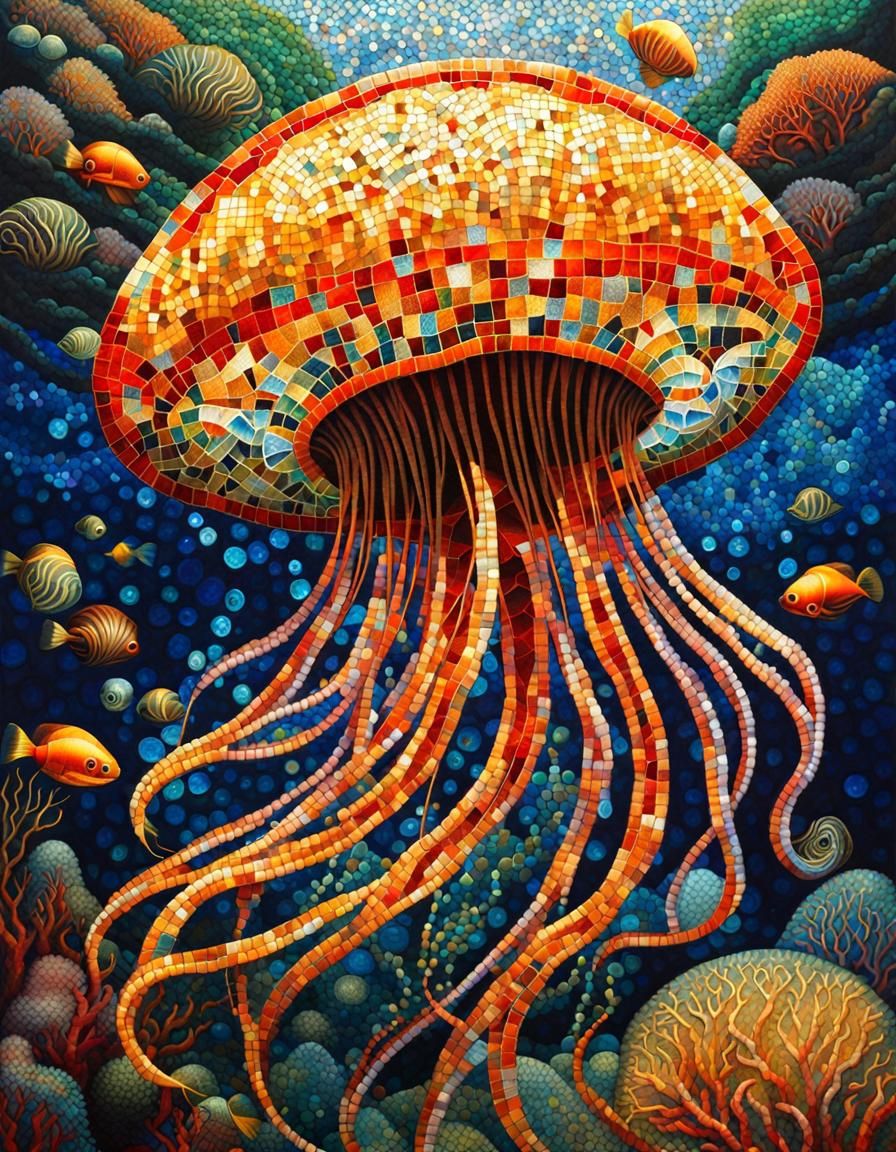 Underwater Jellyfish in Roman Mosaic Style