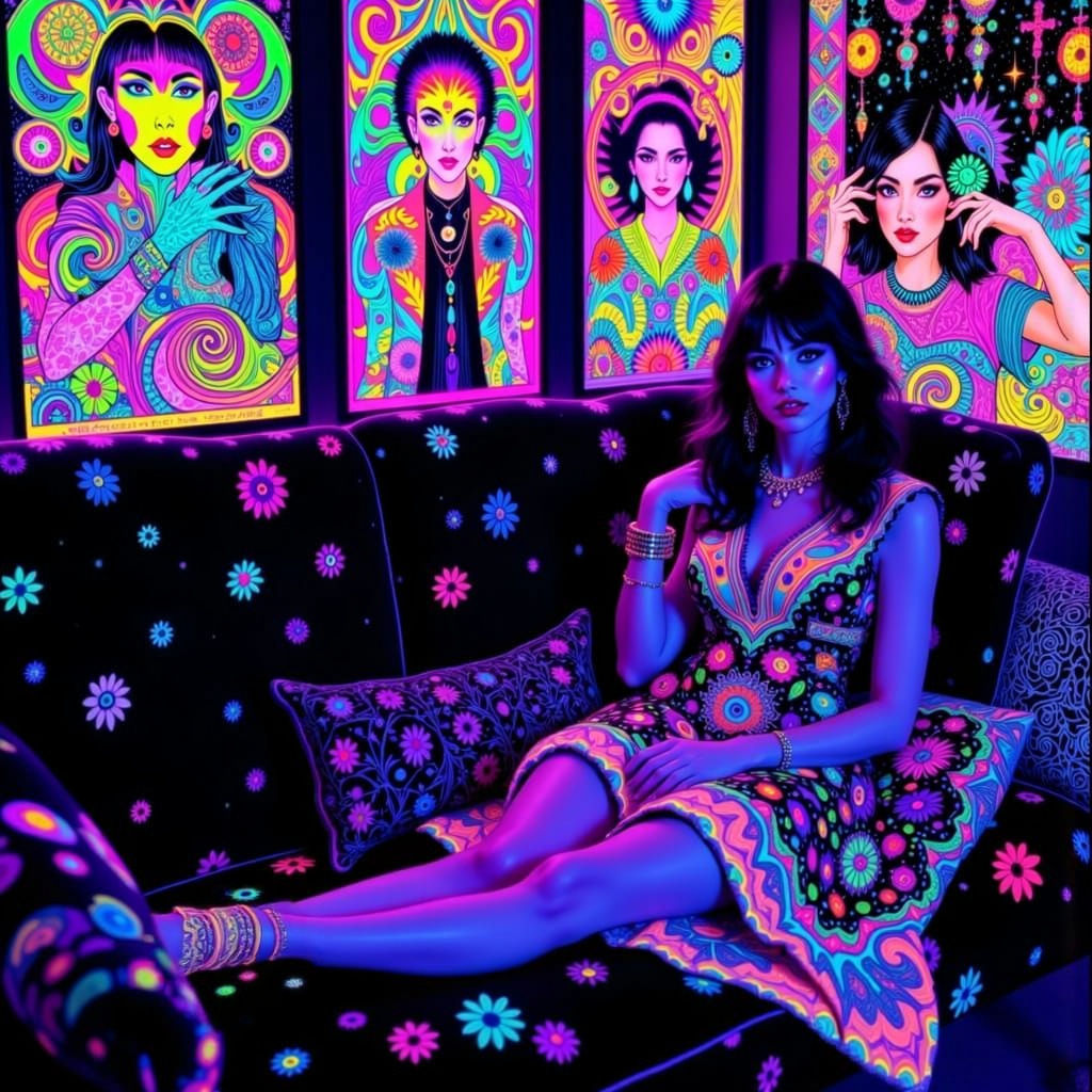 Glowing Hippie Woman in Neon Bedroom Scene