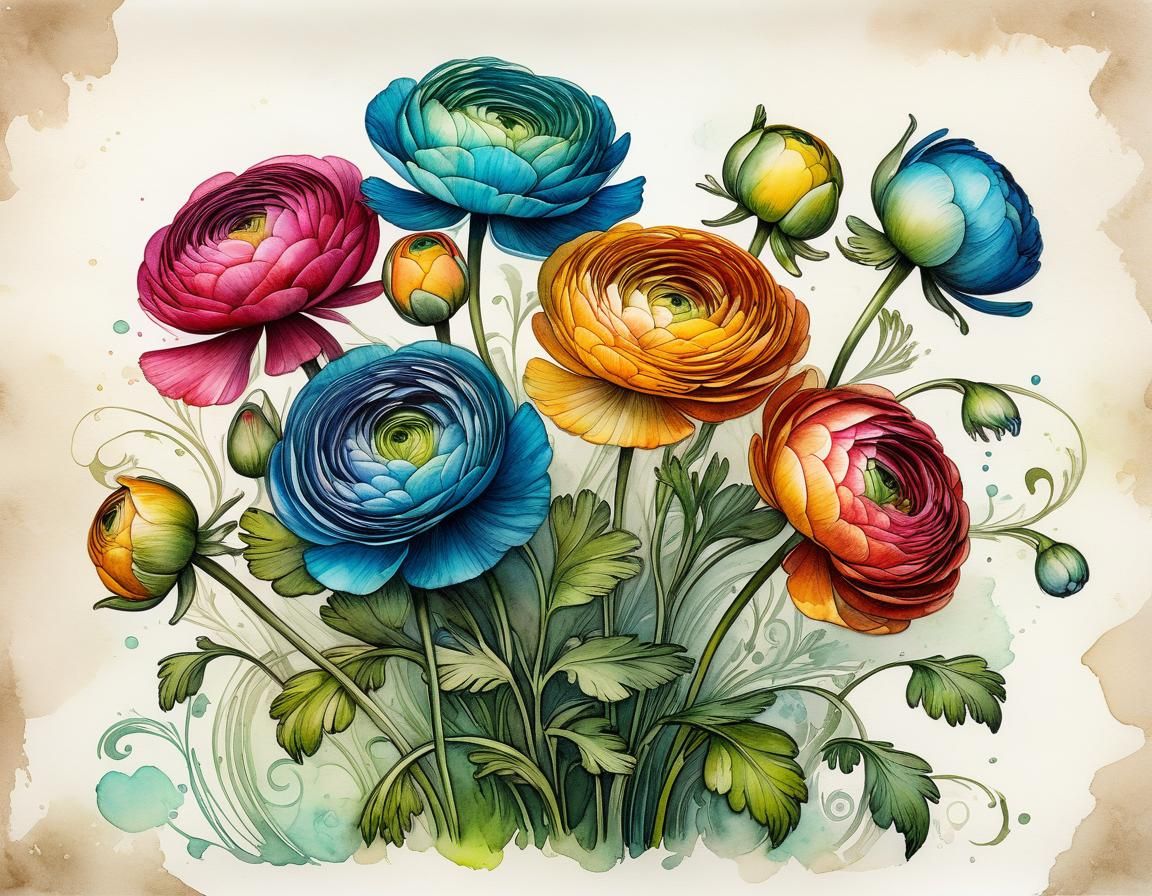 Dancing Ranunculus Flowers in Fairytale Watercolor Style