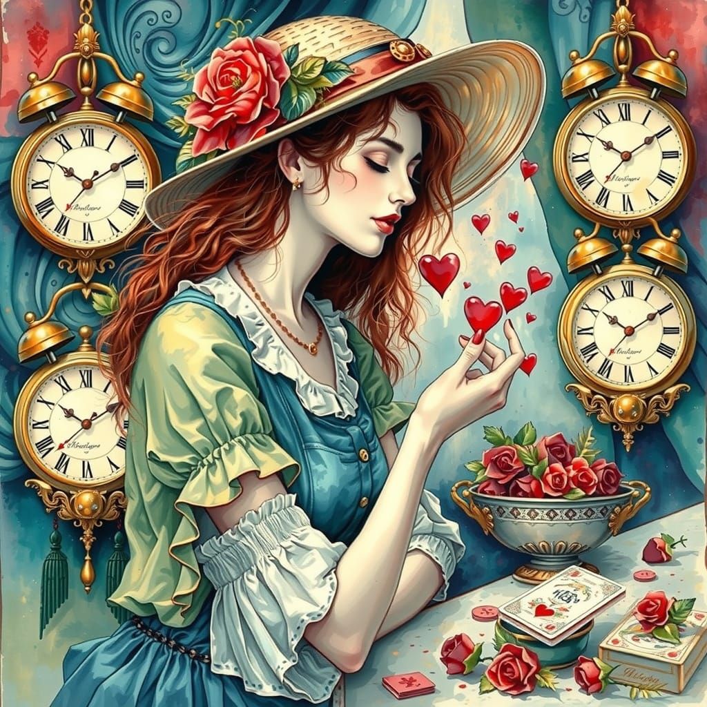 Whimsical Woman Playing Cards in Cozy Pastel Style