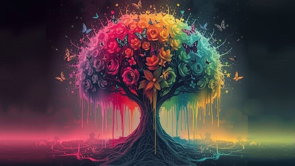 Rainbow Tree of Life in Mixed Media Style