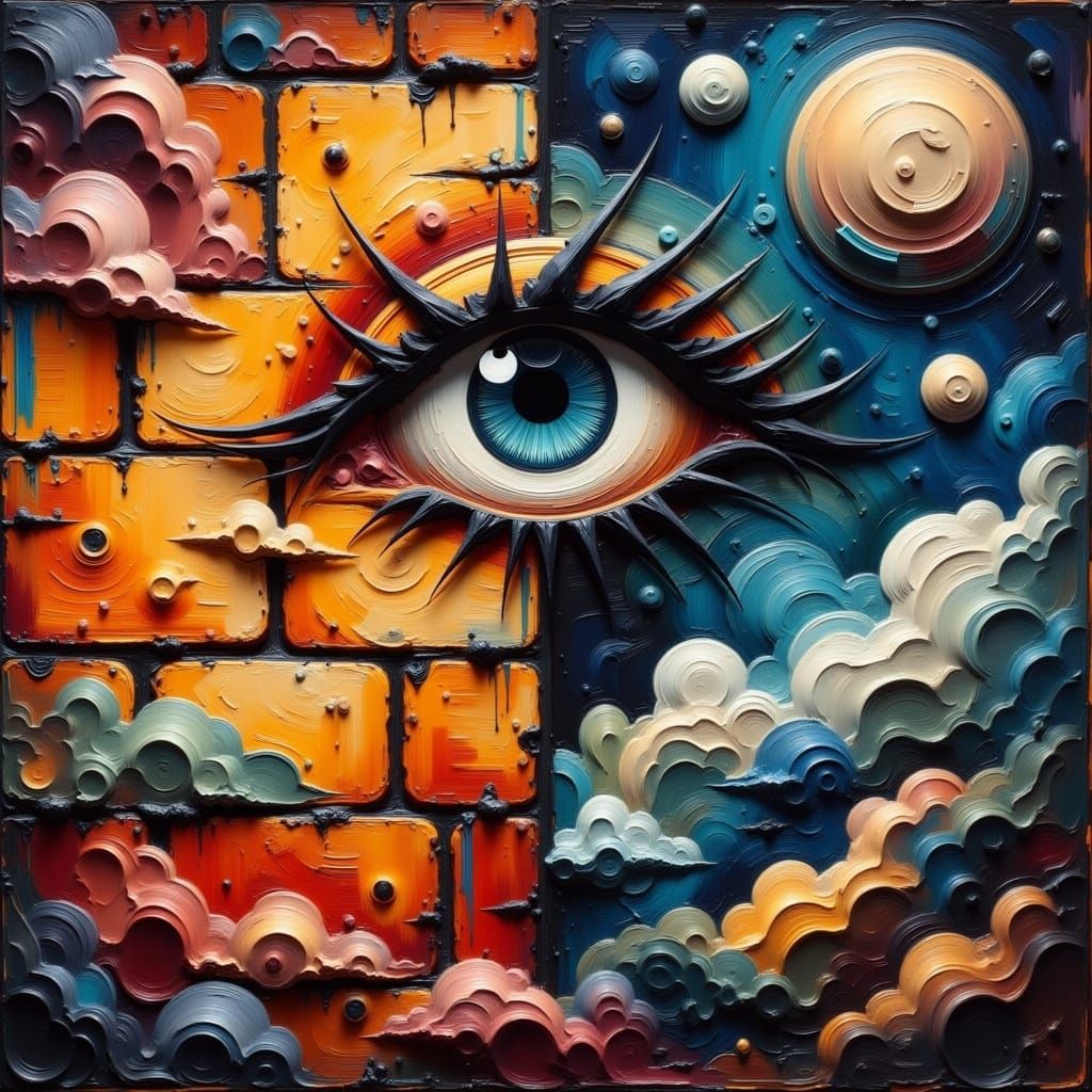 Abstract Brick Wall and Evil Eye in Oil Paint