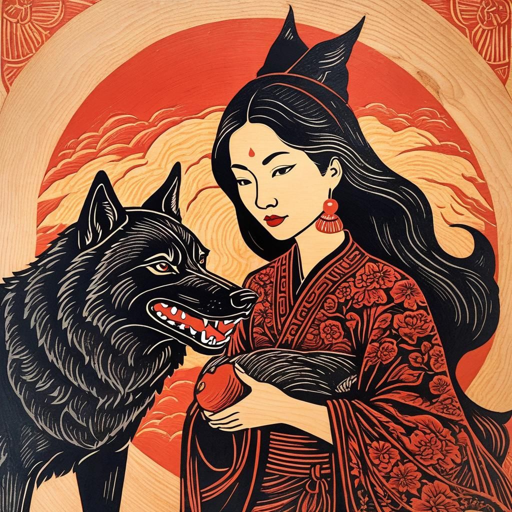 Asian-American Witch and Wolf Woodcut Illustration