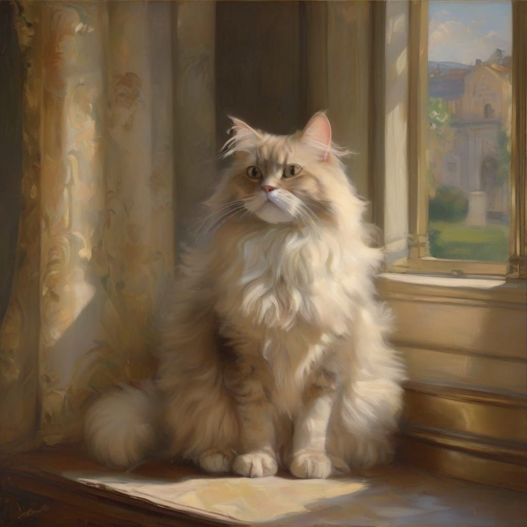 Persian Cat by Panoramic Window in Oil Painting Style