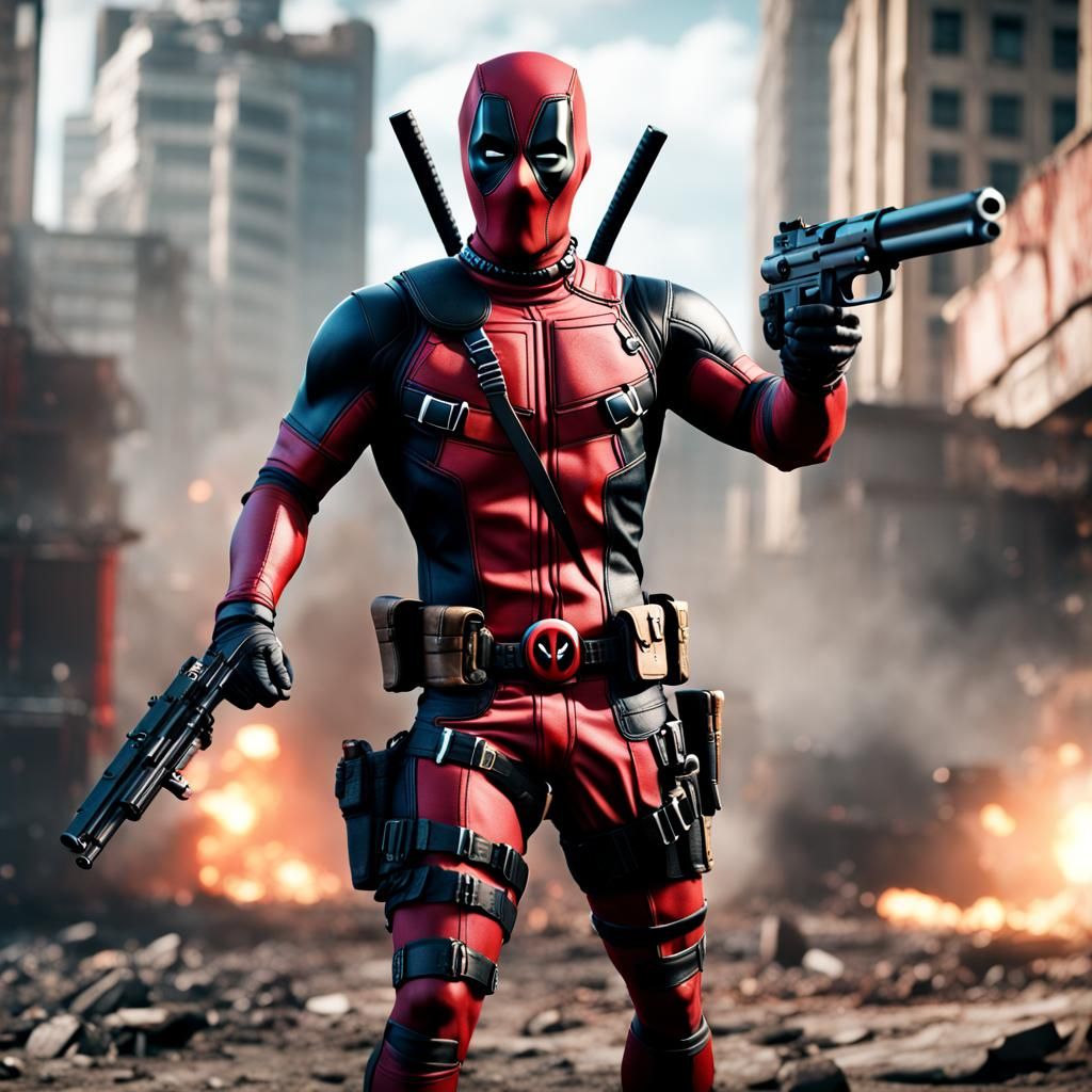Deadpool Slow Motion Gun Action in Detailed Matte Painting