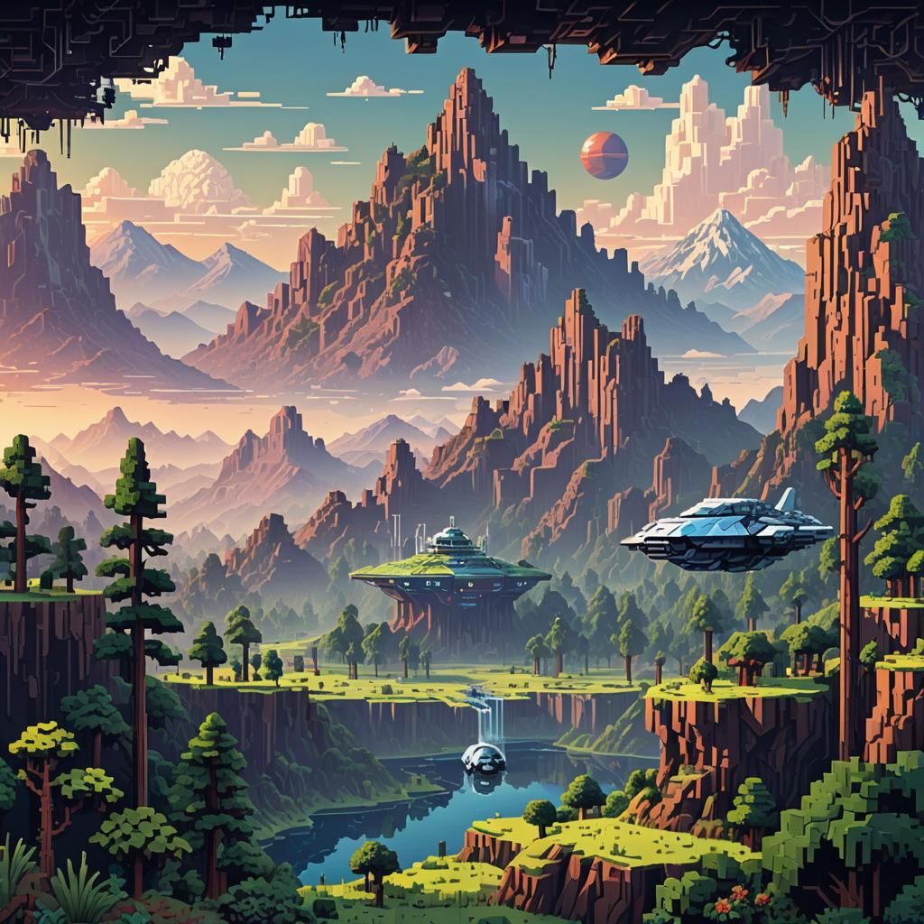 8-bit Pixelated Landscape with Cyborg Spaceship