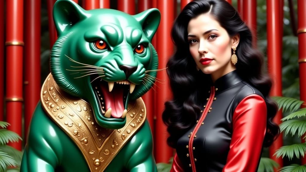 French Woman in Cheongsam Beside Emerald Tiger Sculpture