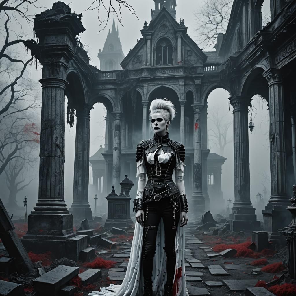 Punk Model in Haunted Graveyard: Gothic Black and White Phot...