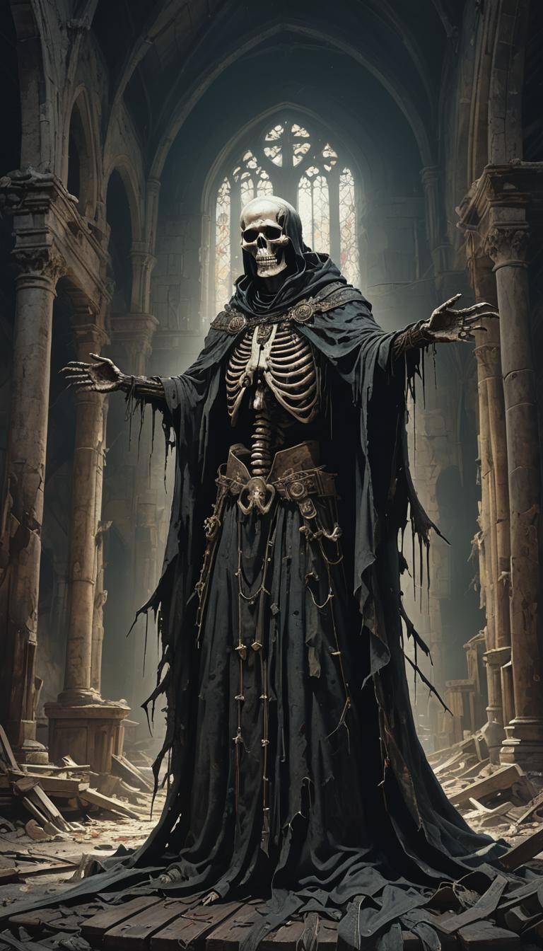 Skeletal Priest in Abandoned Church: Dark Fantasy Art