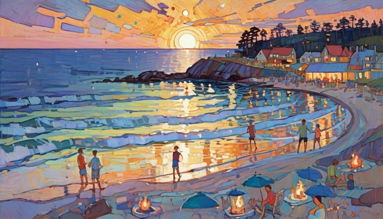 Twilight Beach Bonfire in Impressionist Style