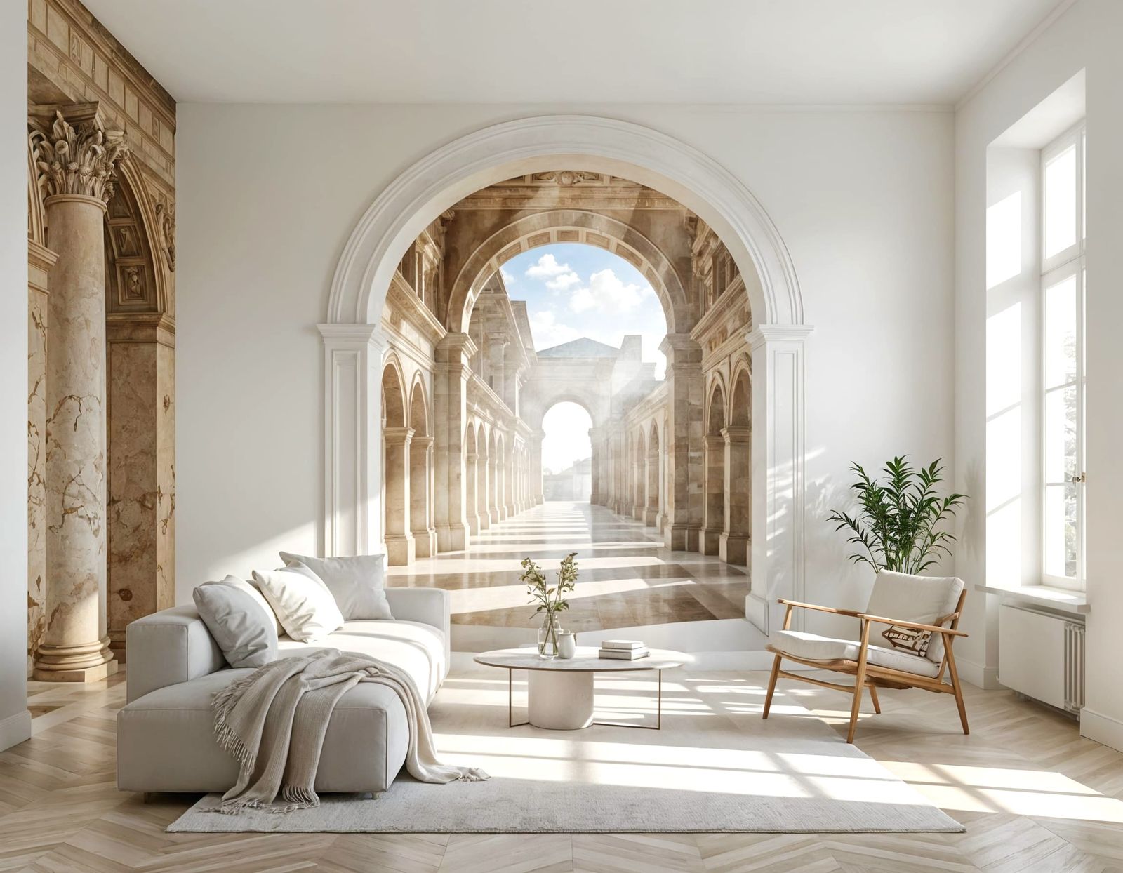 Hyperrealistic Trompe-l'oeil Roman Arcades in Minimalist Roo...