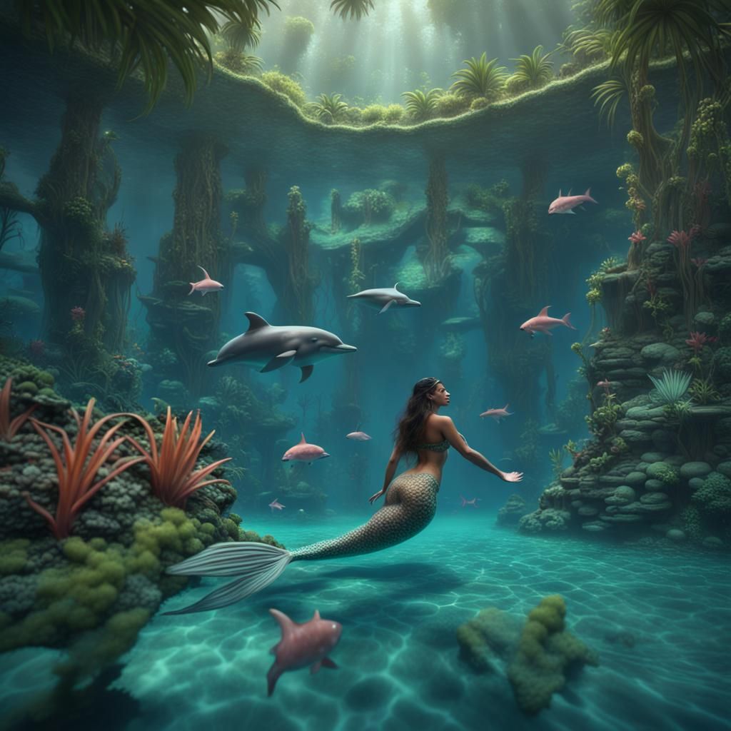 Mermaid and Dolphins in Tropical Lagoon
