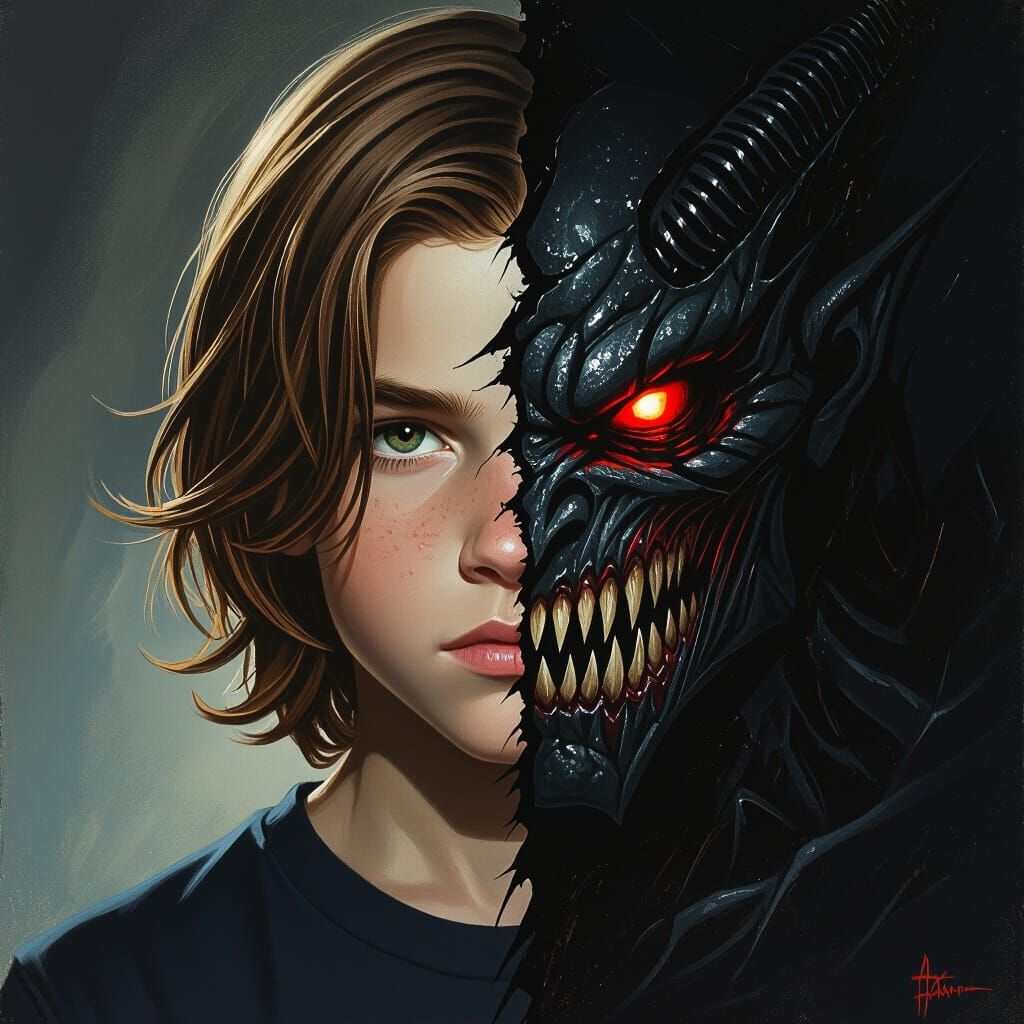 Dual-Faced Boy: Human Meets Monster in Dark Fantasy Art
