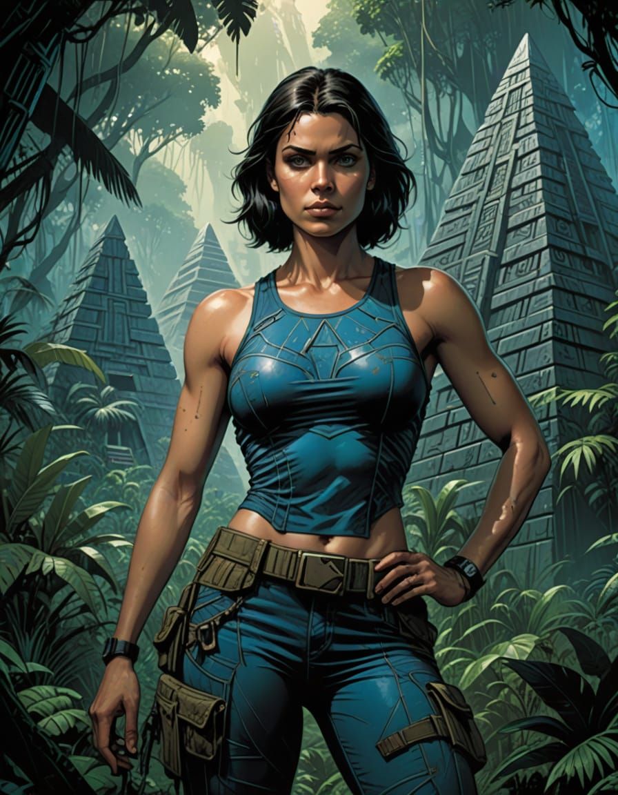 Amazon Warrior Goddess in Dark Jungle Ruins