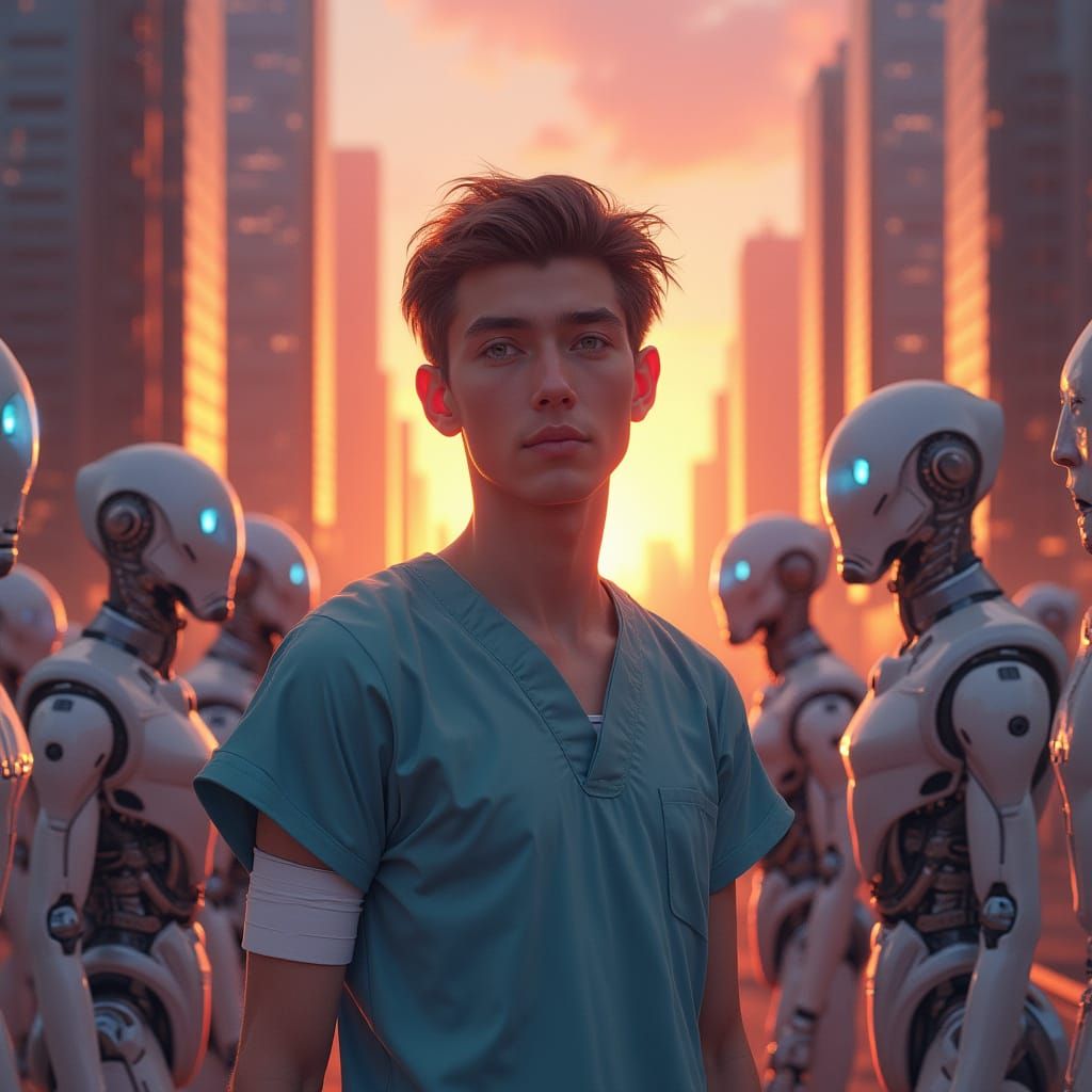 Young Man in Hospital Gown Surrounded by Cyberpunk Robots in...