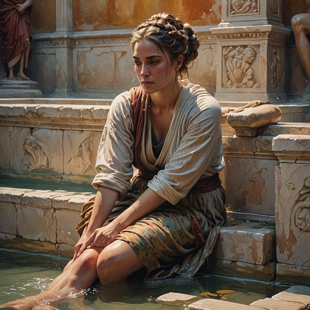 Woman on Roman Bath in Hyperrealistic Splash Art