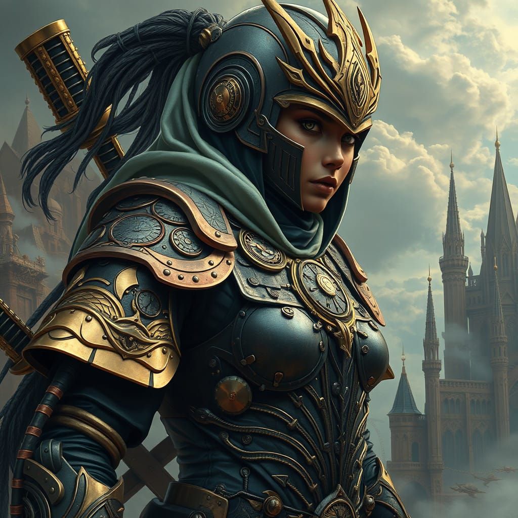 Cyberpunk Ninja Warrior in Ancient Fantasy Landscape