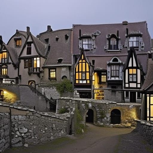 Moonlit Gothic Village Scene with Witches and Bats