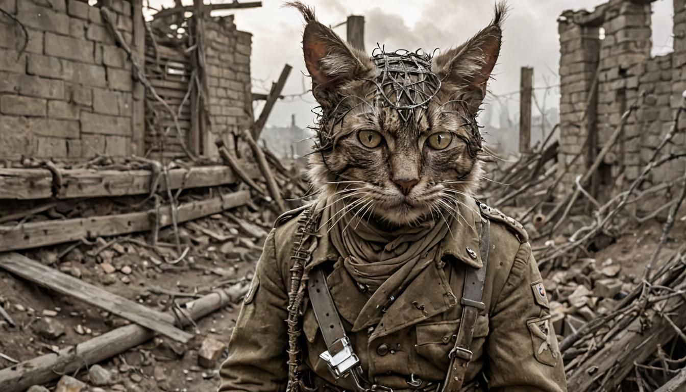 Feline WWI Warrior in Trench, Syd Mead and Frazetta Style