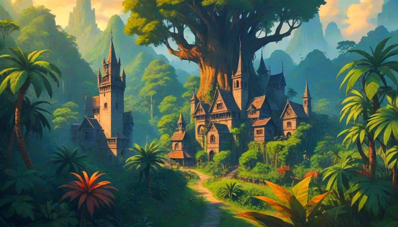 Gothic Village Amidst Lush Jungle Canopy