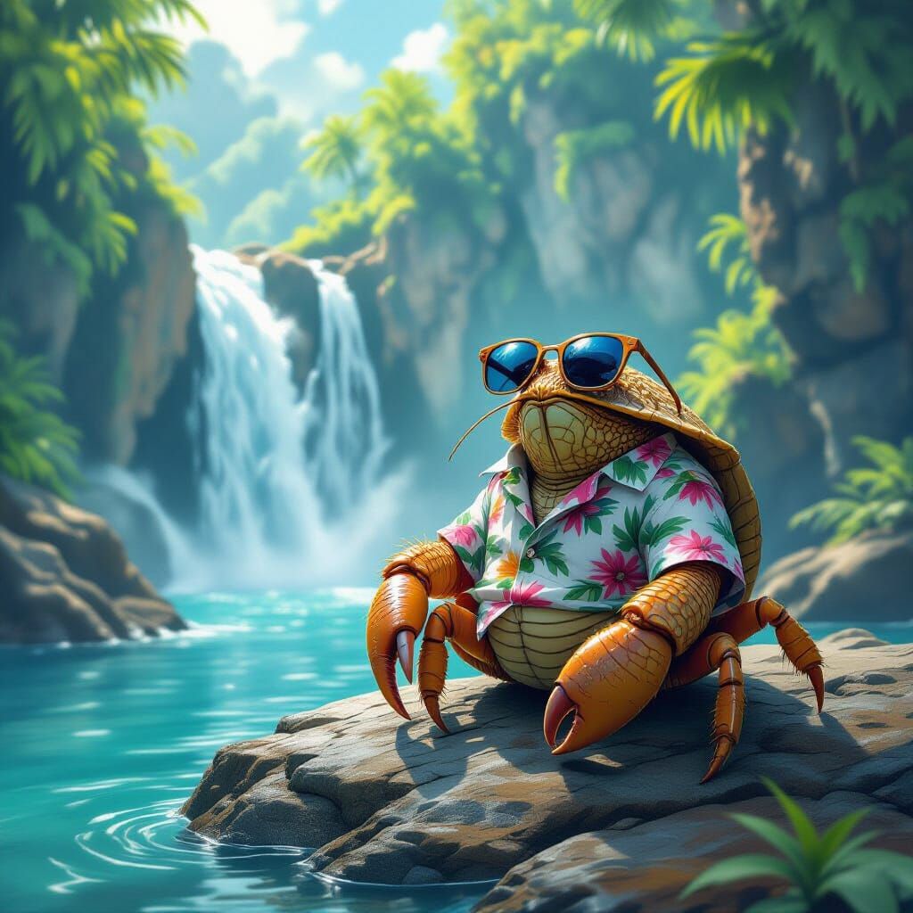 Tropical Hermit Crab at a Misty Waterfall