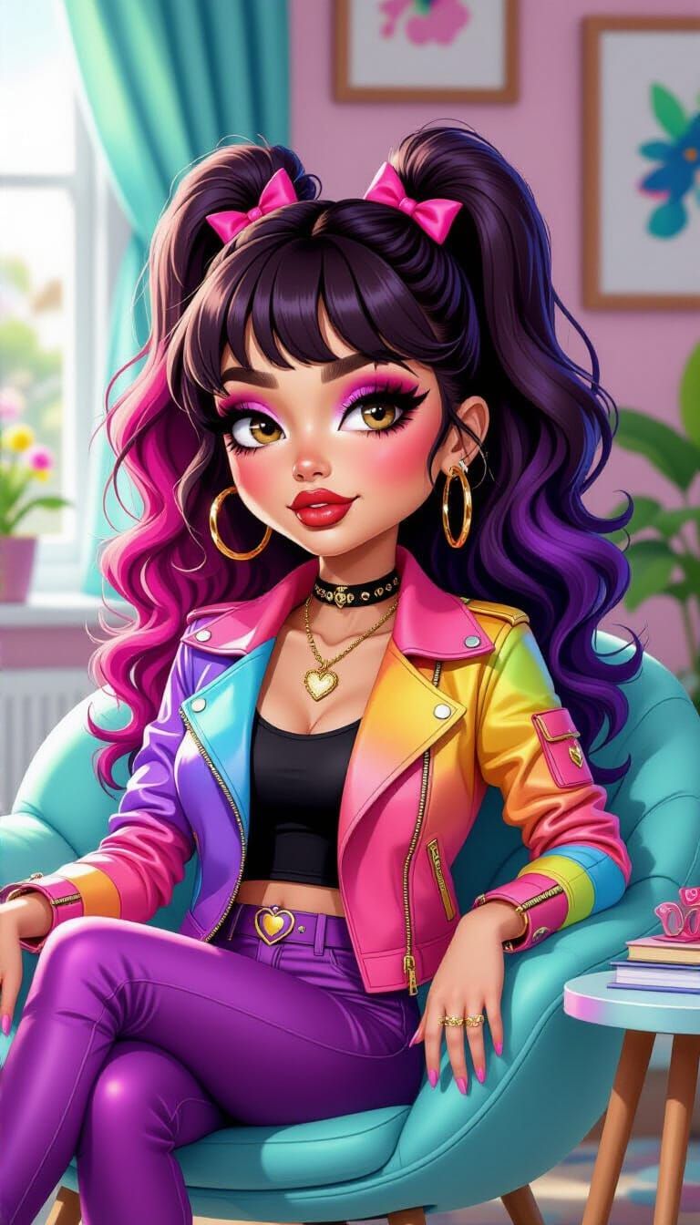 Cute Emo Woman in Vibrant Tie-Dye Jacket