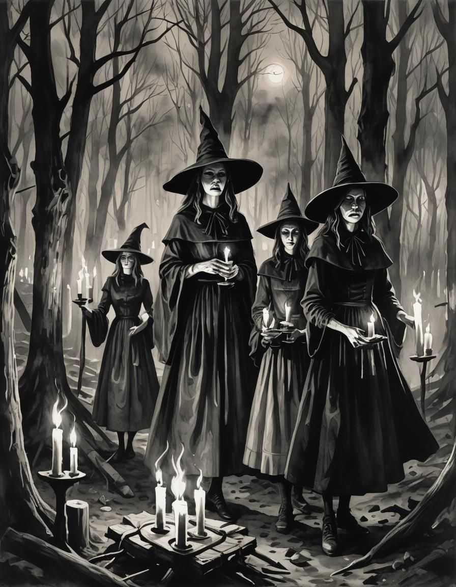 Puritan Witch Coven in Haunted Forest, Gouache Style