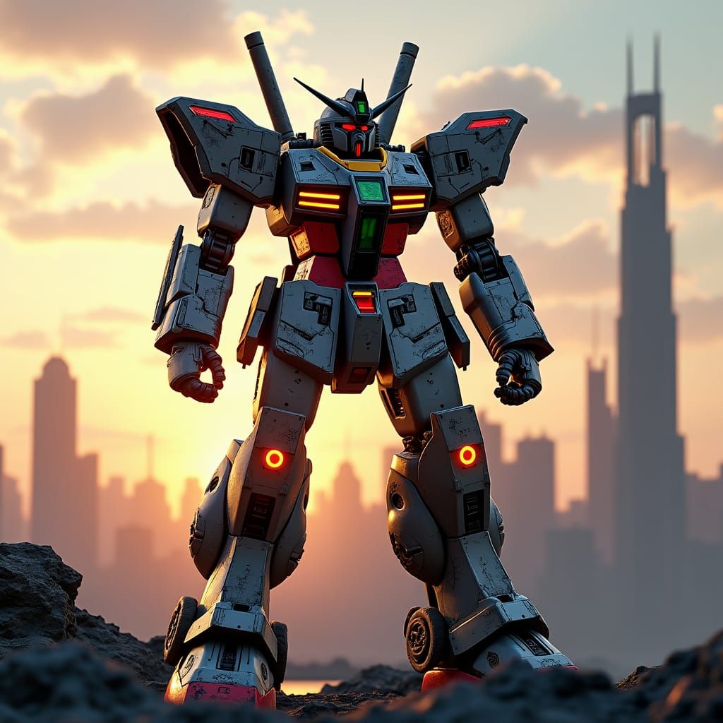 Gundam-Inspired Mobile Suit in Dystopian Cityscape