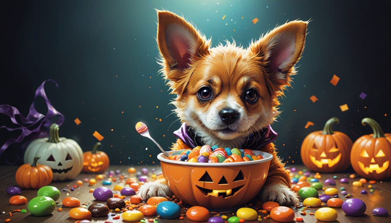 Cute Dog in Halloween Costume Eats Candy, Vibrant Digital Ar...