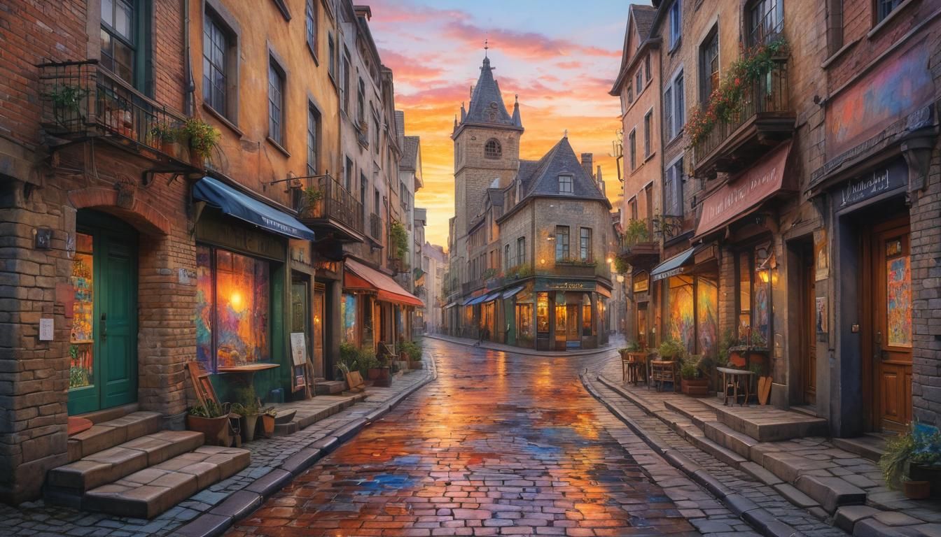 Modern Shopping Street at Sunset: Digital Art