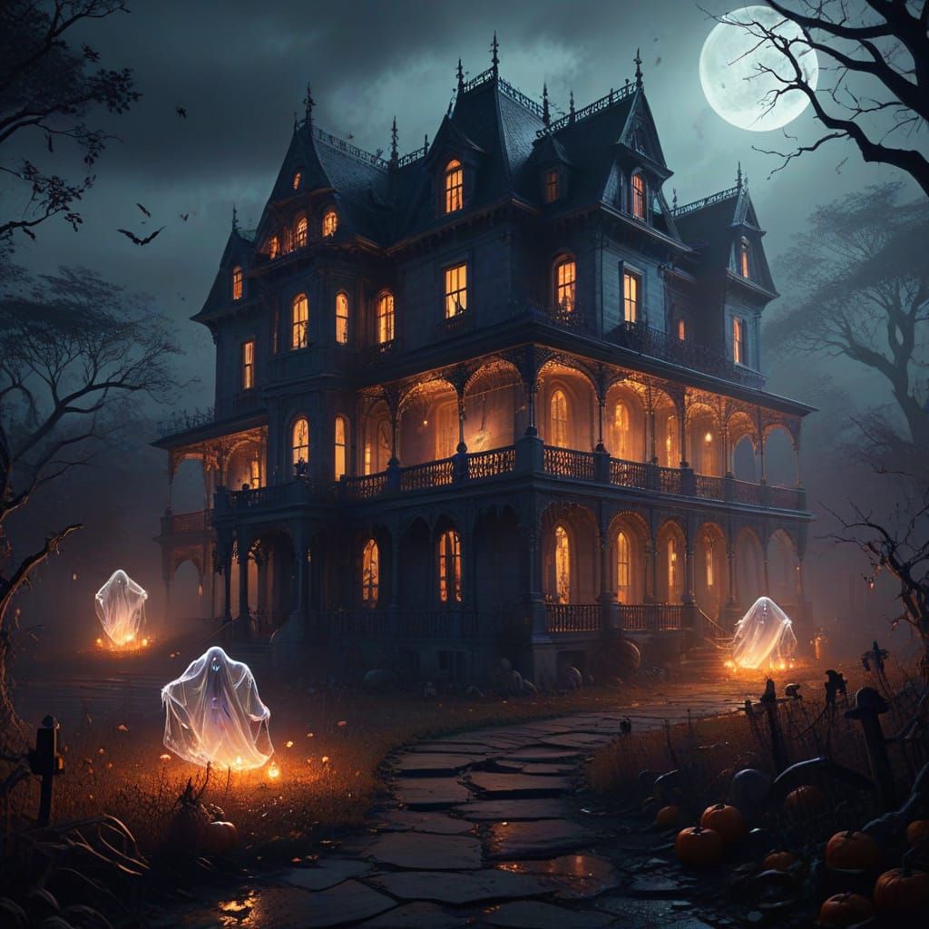 Ethereal Halloween Party of Ghosts in Cobweb Mansion