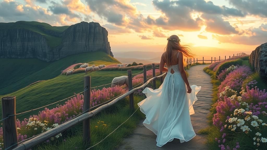 Dreamy Maiden in Twilight Wildflower Meadow